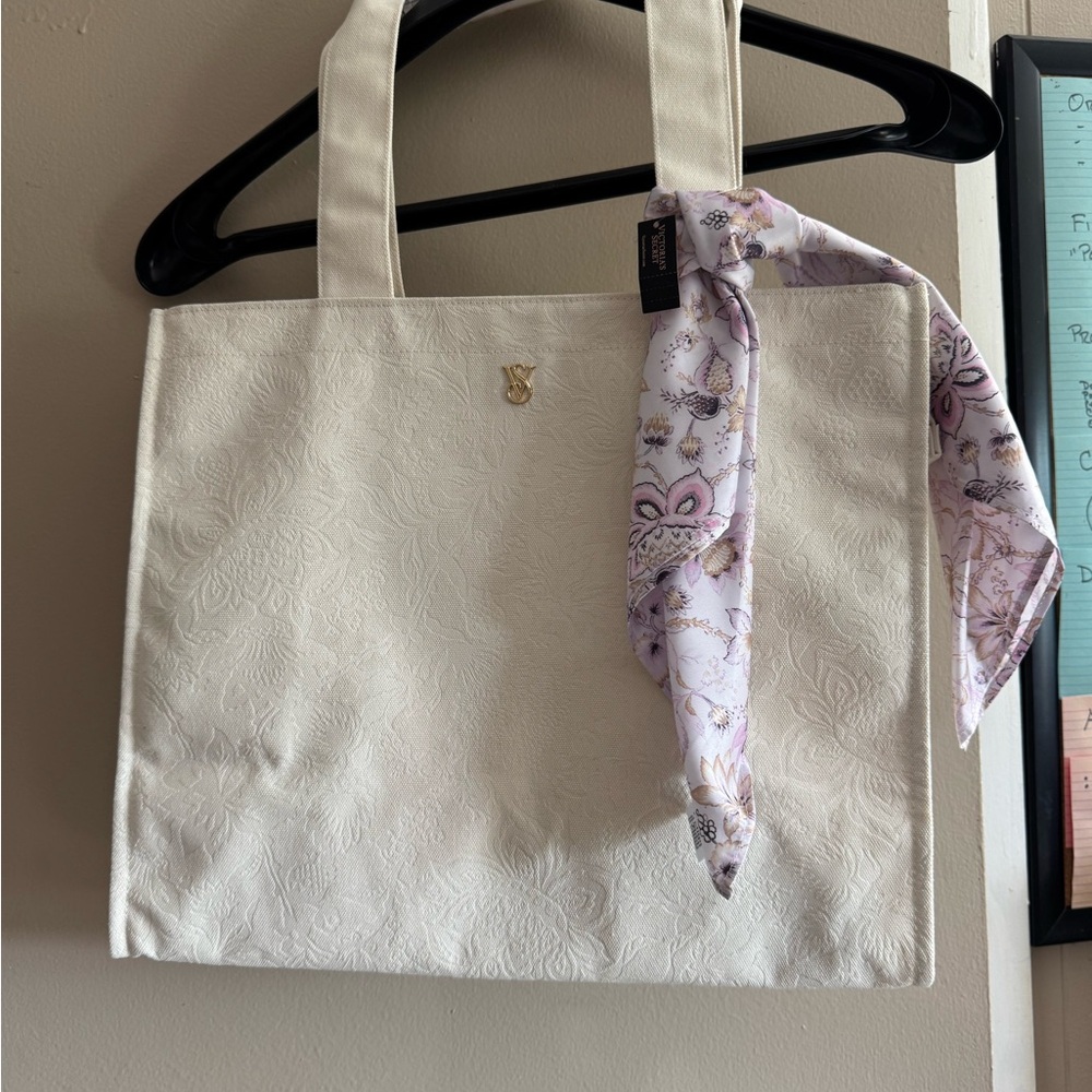 Victoria's Secret Cream Tote with Pink Scarf